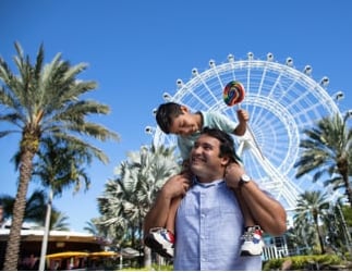 father with his son on his shoulders by a ferris wheel