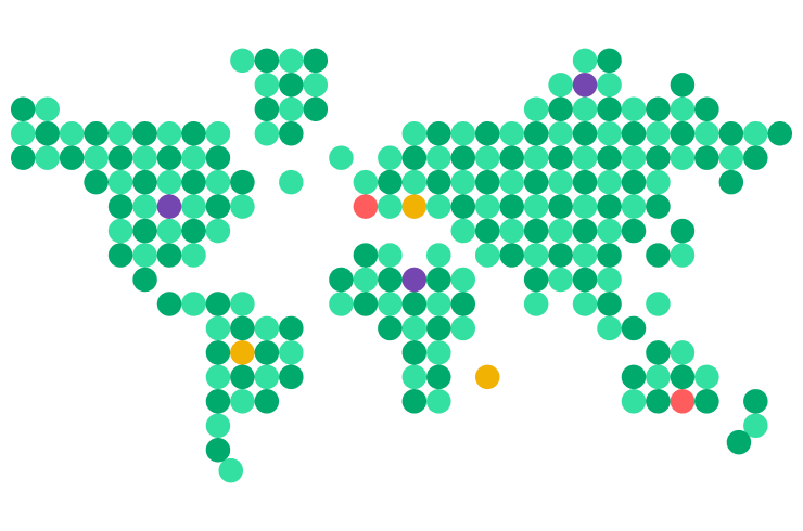 Graphic representing a world map with mostly green dots