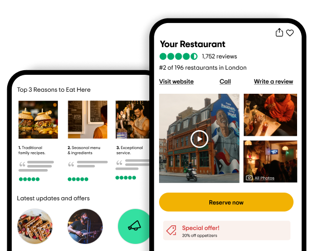Two mobile phones displaying views of Tripadvisor’s Premium Listings for Restaurants.