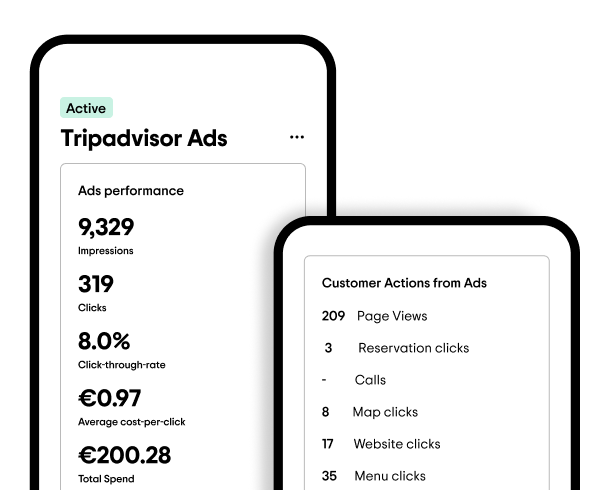 Two mobile views of the Tripadvisor Ads tools.